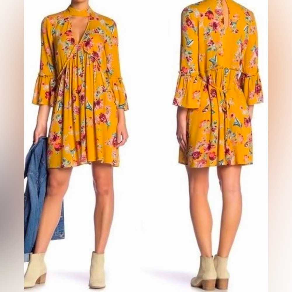 Mustard Yellow Floral Mock Neck Keyhole Dress Boho